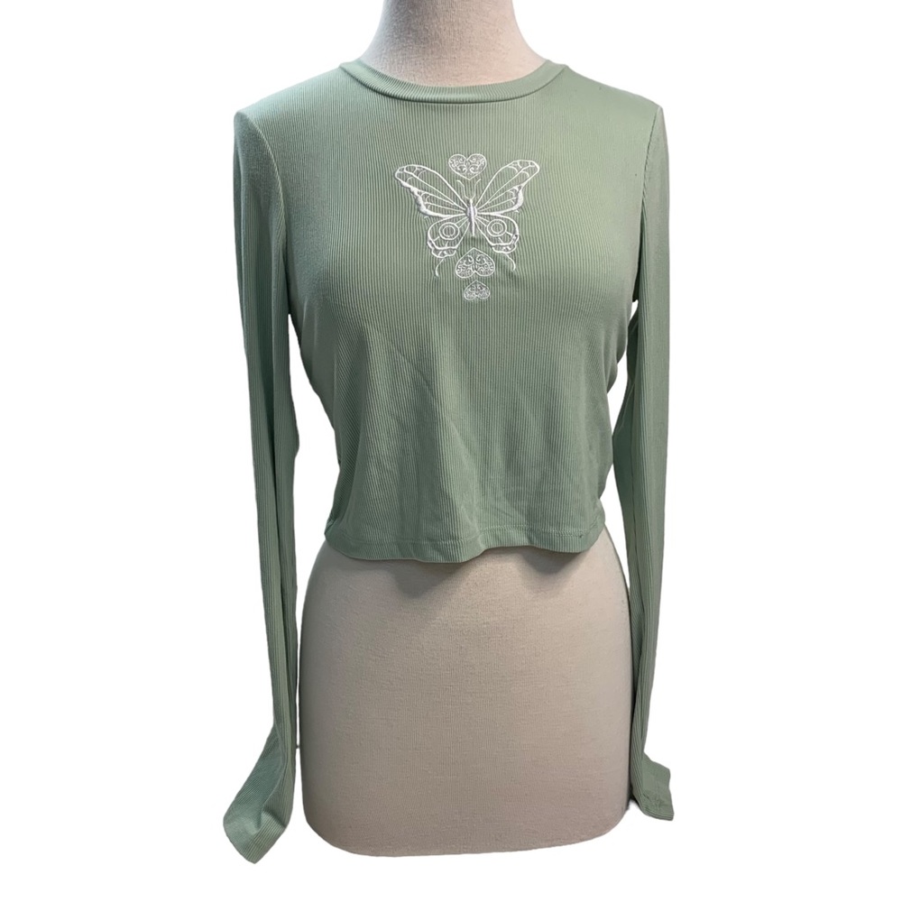 Green Sage Butterfly Ribbed Top - Picture 3 of 9